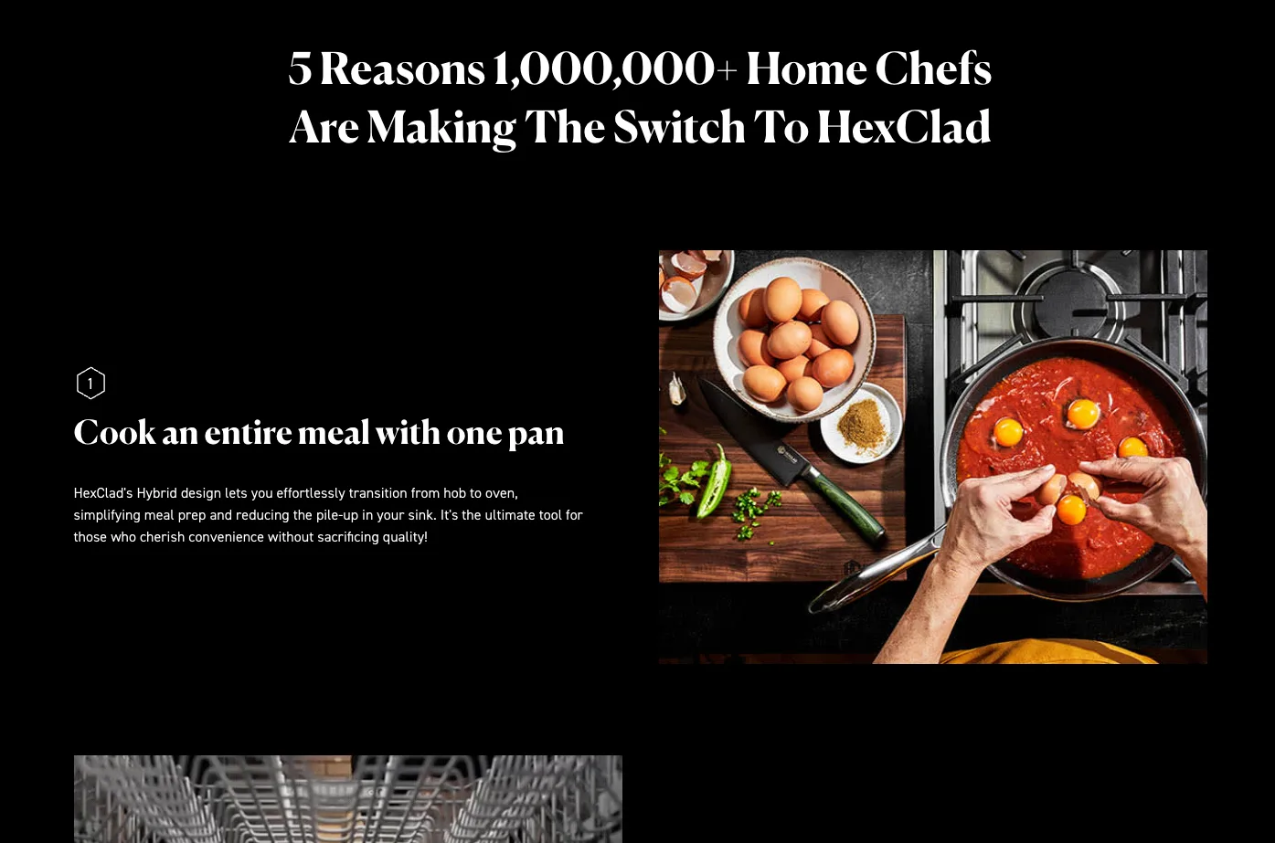 HexClad's listicle landing page — the headline '5 Reasons 1,000,000+ Home Chefs Are Making The Switch To HexClad' above reason one, 'Cook an entire meal with one pan'