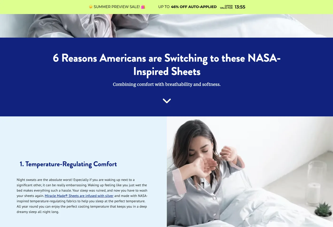 Miracle Brand's '6 Reasons Americans Are Switching to These NASA-Inspired Sheets' listicle landing page, with reason one, 'Temperature-Regulating Comfort'