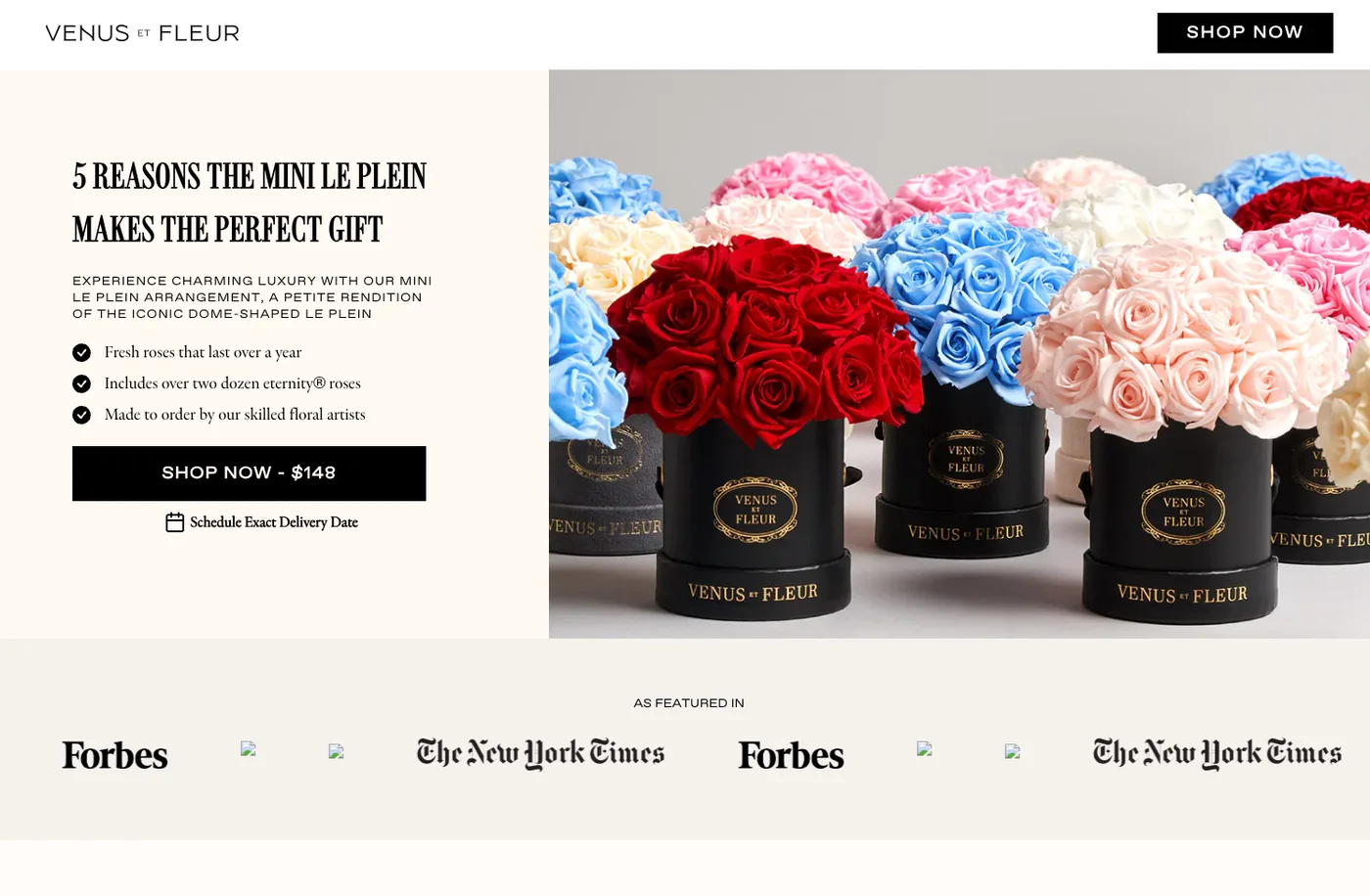 Venus ET Fleur's '5 Reasons The Mini Le Plein Makes The Perfect Gift' listicle landing page, leading with 'Fresh roses that last over a year'