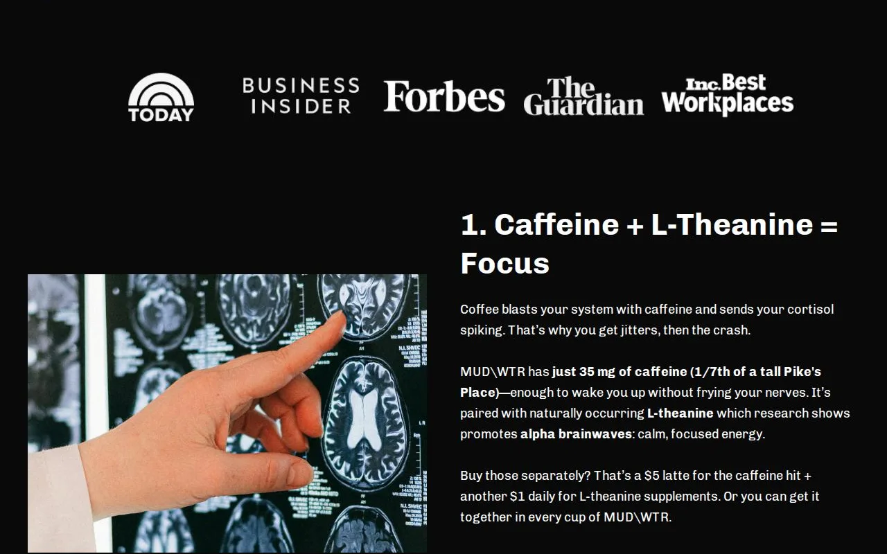 Reason 1 on the MUD\WTR page, Caffeine + L-Theanine = Focus, ending with the line comparing a $5 latte plus $1 daily for L-theanine supplements