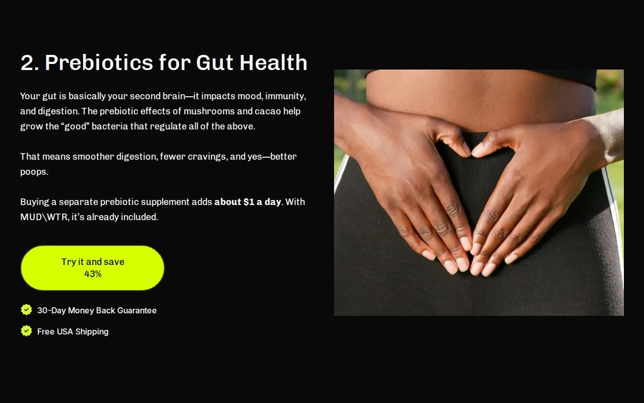 Reason 2 on the MUD\WTR page, Prebiotics for Gut Health, ending with the line that a separate prebiotic supplement adds about $1 a day