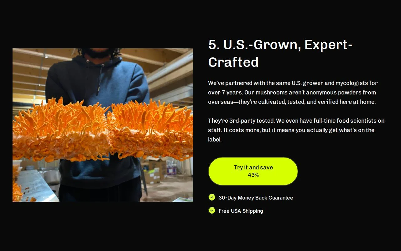 Reason 5 on the MUD\WTR page, U.S.-Grown, Expert-Crafted, including the line It costs more, but it means you actually get what's on the label
