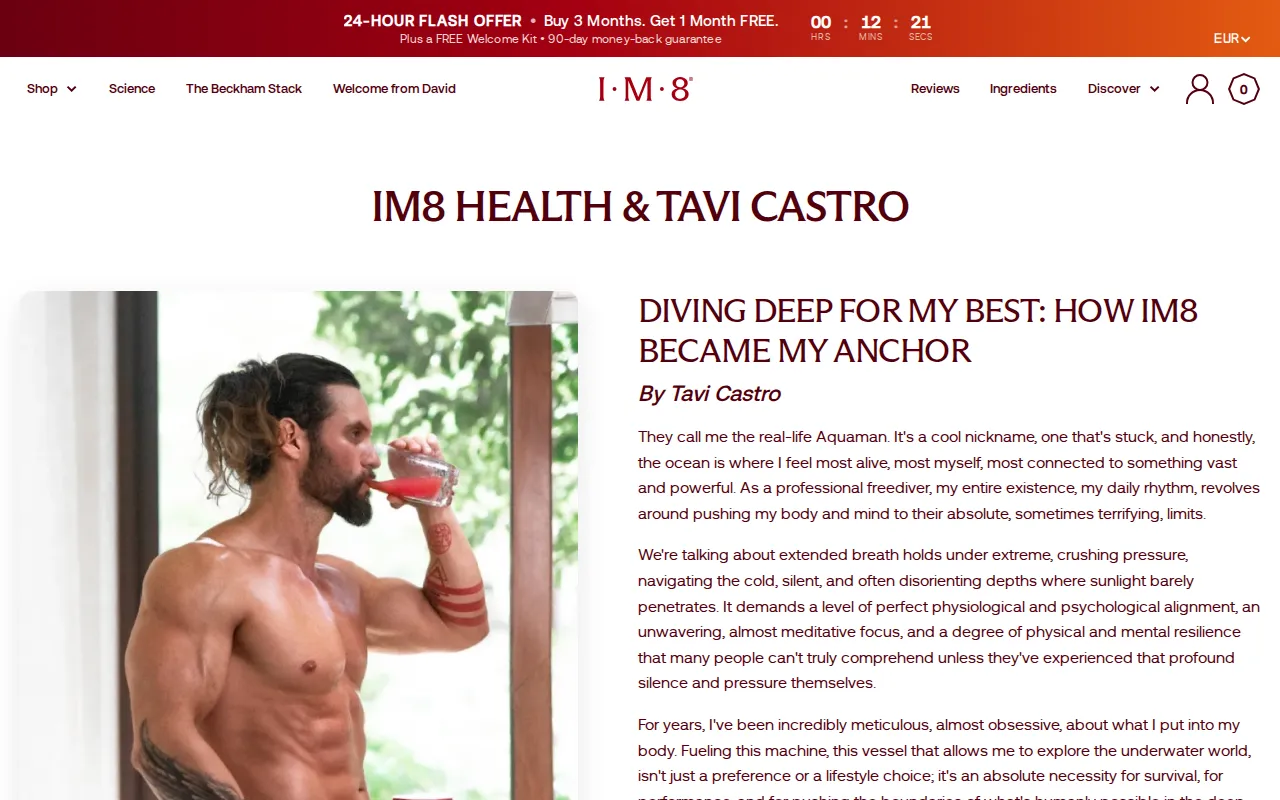 IM8's Tavi Castro page: a 24-hour flash offer bar with a running countdown, the IM8 store navigation, the heading IM8 Health and Tavi Castro, and the article Diving Deep for My Best: How IM8 Became My Anchor by Tavi Castro beside a photo of him drinking