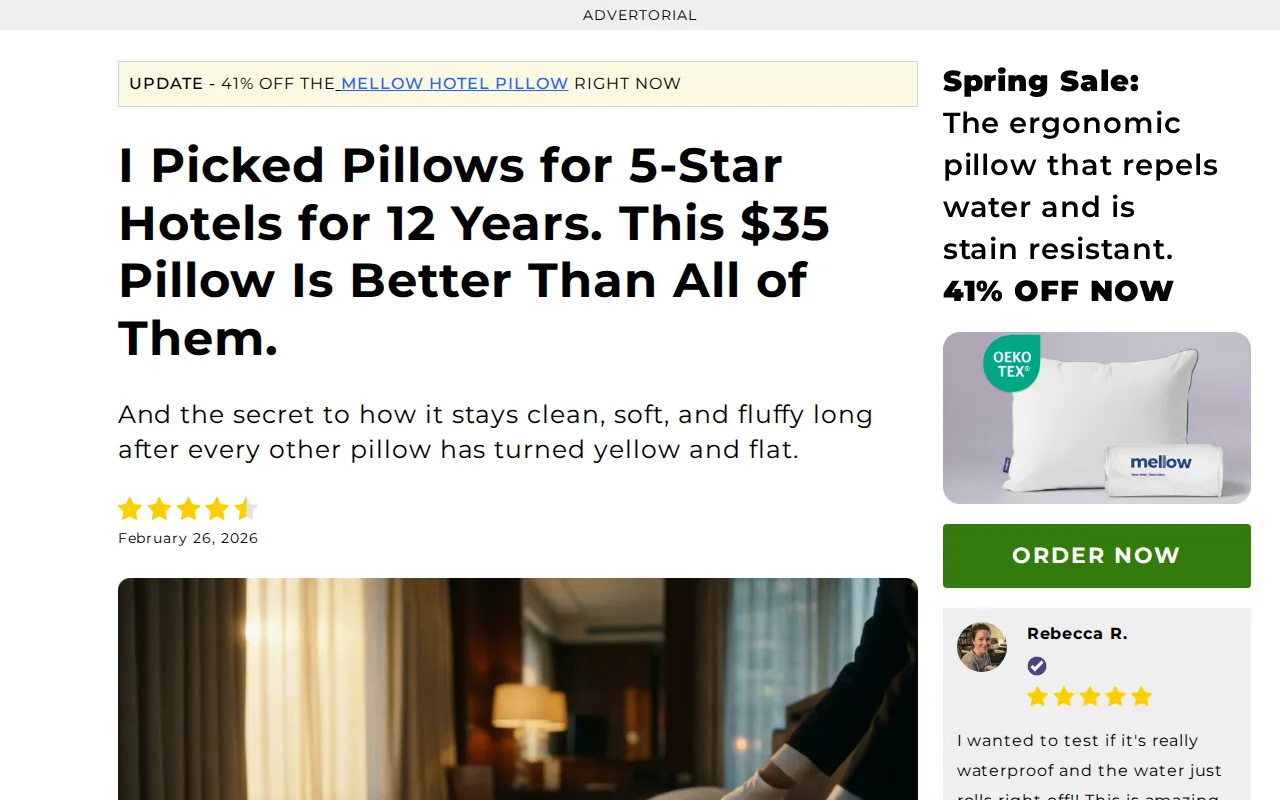 Mellow's hotel bedding consultant advertorial: an ADVERTORIAL bar at the top, the headline I Picked Pillows for 5-Star Hotels for 12 Years. This $35 Pillow Is Better Than All of Them., and a sidebar reading Spring Sale with an Order Now button
