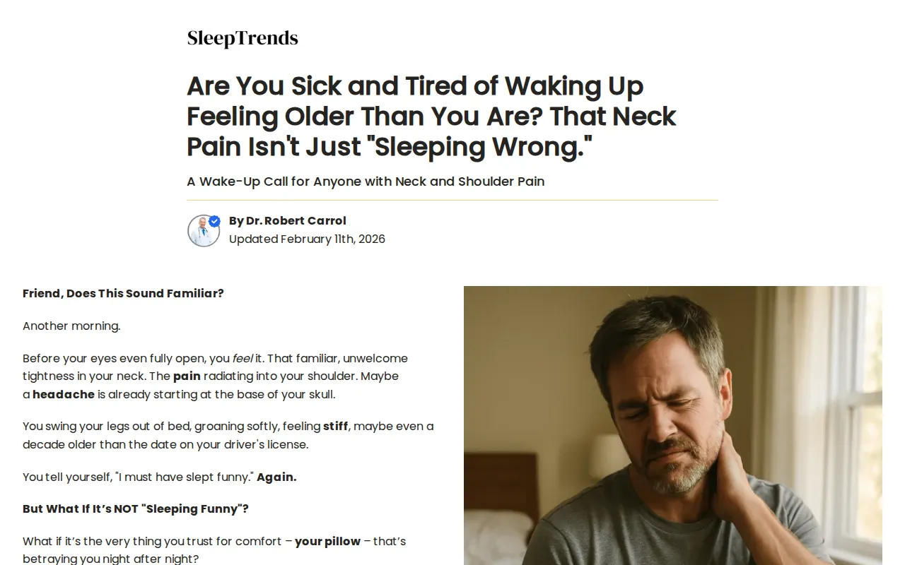 The Pillow Home's neck pain advertorial under a SleepTrends masthead, headlined Are You Sick and Tired of Waking Up Feeling Older Than You Are? That Neck Pain Isn't Just Sleeping Wrong., bylined Dr. Robert Carrol, updated February 11th, 2026