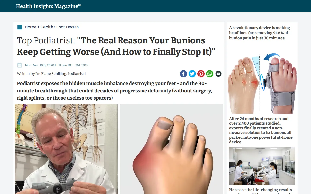 Treatmedy's bunion advertorial under a Health Insights Magazine masthead with a Home, Health, Foot Health breadcrumb, the headline Top Podiatrist: The Real Reason Your Bunions Keep Getting Worse, a Dr. Blane Schilling byline and social share buttons