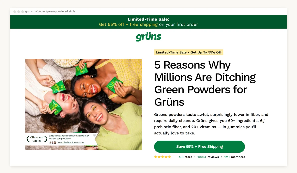 Grüns presell page, top of the page: the headline 5 Reasons Why Millions Are Ditching Green Powders for Grüns, a Save 55% + Free Shipping button and 4.8 stars, 100K+ reviews, 1M+ members, next to a photo of four women holding Grüns gummy packs