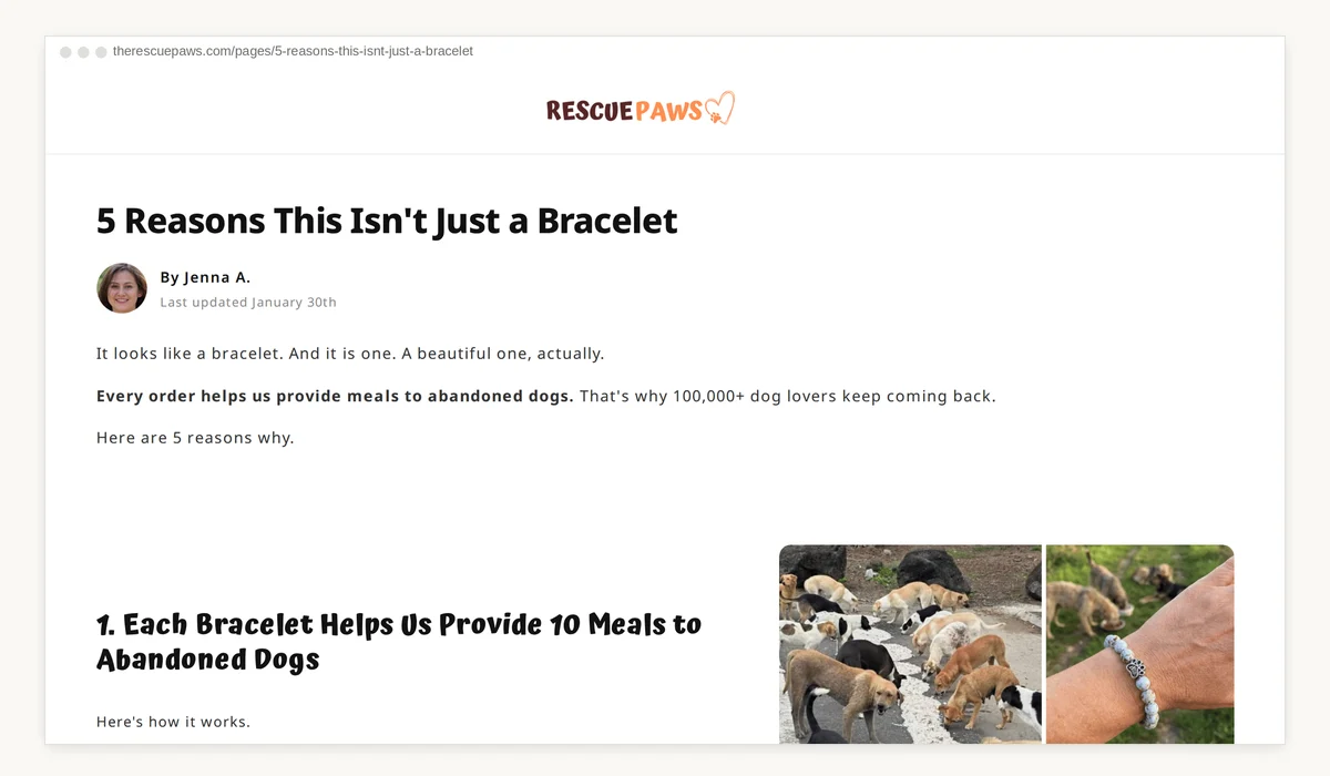 Rescue Paws presell page, top of the page: the headline 5 Reasons This Isn't Just a Bracelet by Jenna A., plain text on white, and reason 1, Each Bracelet Helps Us Provide 10 Meals to Abandoned Dogs, next to photos of dogs being fed and a bracelet on a wrist