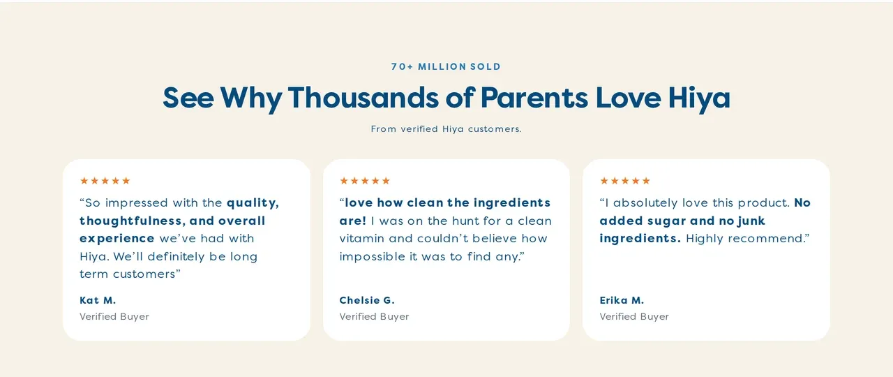 Hiya multivitamin page section See Why Thousands of Parents Love Hiya, From verified Hiya customers, with three five-star quote cards signed Kat M., Chelsie G. and Erika M., each marked Verified Buyer