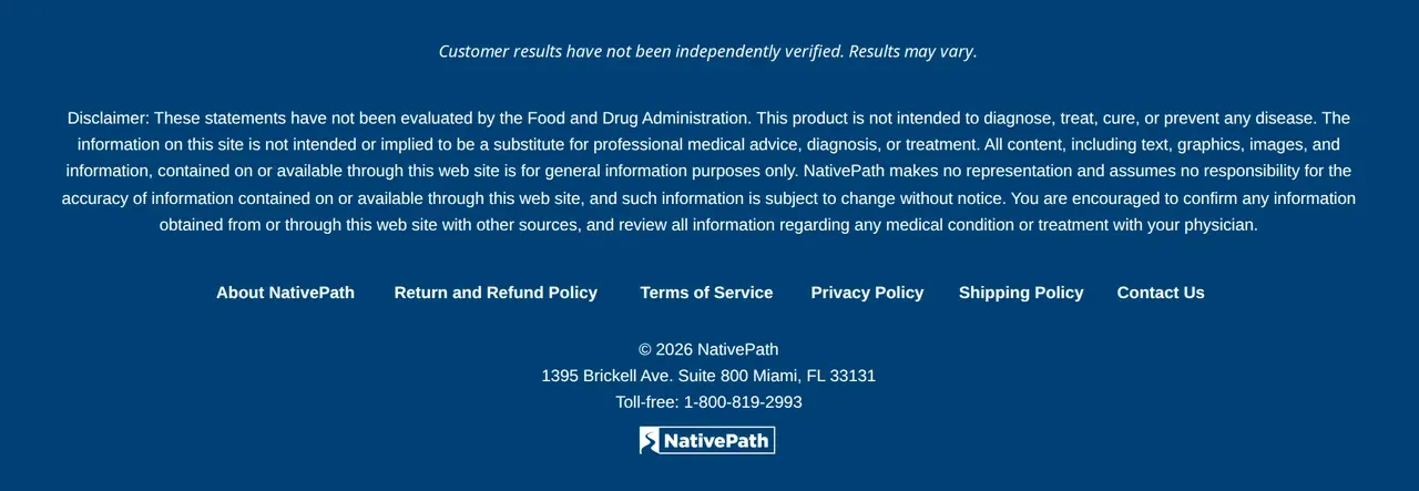 NativePath collagen page footer on a dark blue band: an italic line reading Customer results have not been independently verified. Results may vary, above the FDA disclaimer and the footer links