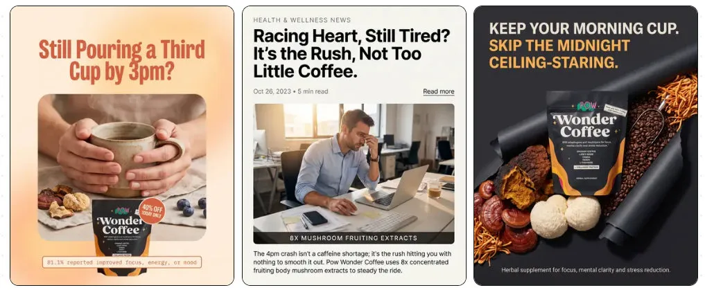 Three static ads generated from one Landra page for Pow Wonder Coffee, each in a different style
