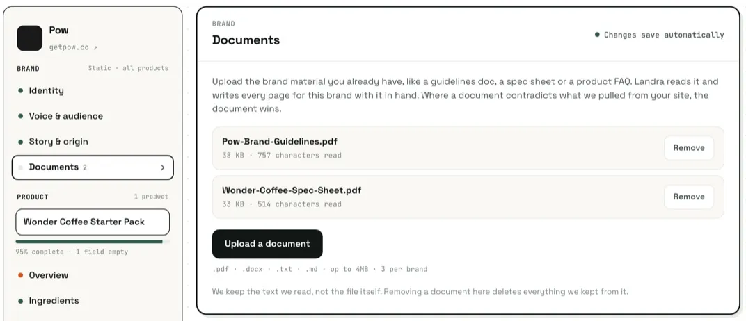 The Documents panel on a Landra brand profile, holding a guidelines PDF and a spec sheet