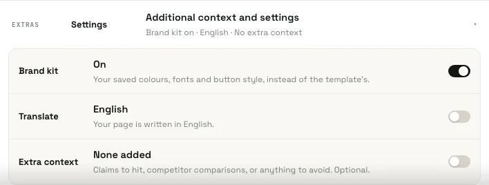 The Additional context and settings panel on the Build screen, with Brand kit, Translate and Extra context switches
