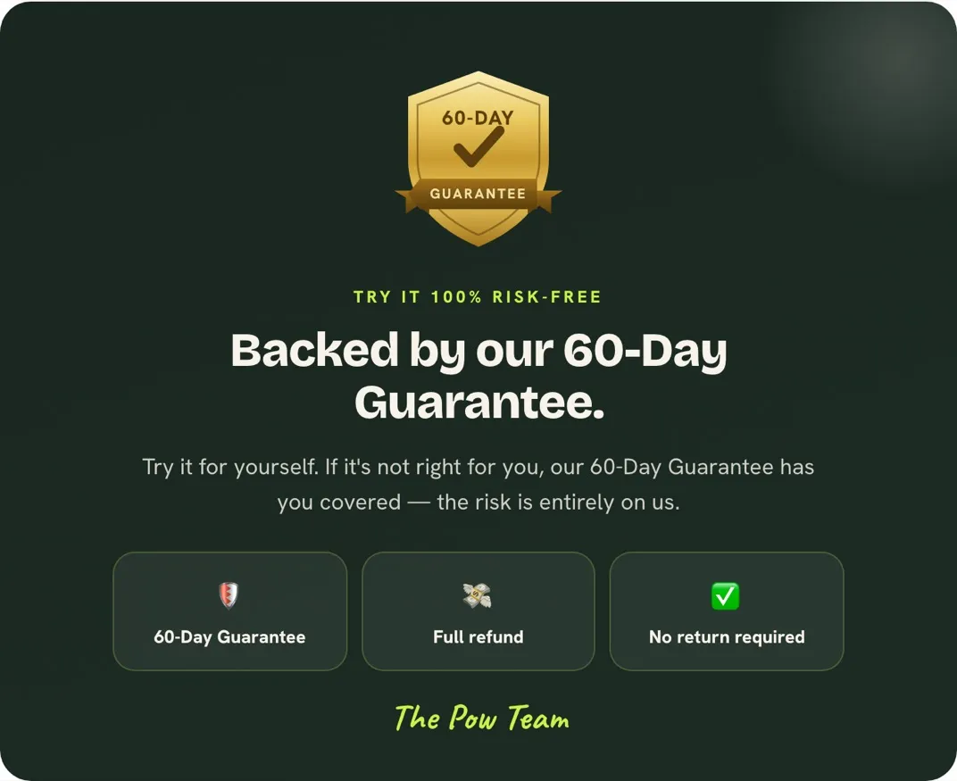 The guarantee panel from the Risk-Free template, with a 60-day seal and the refund terms spelled out