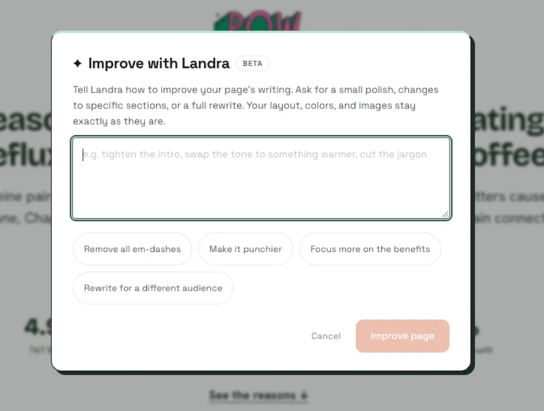 The Improve with Landra panel in the editor, ready for a sentence of feedback
