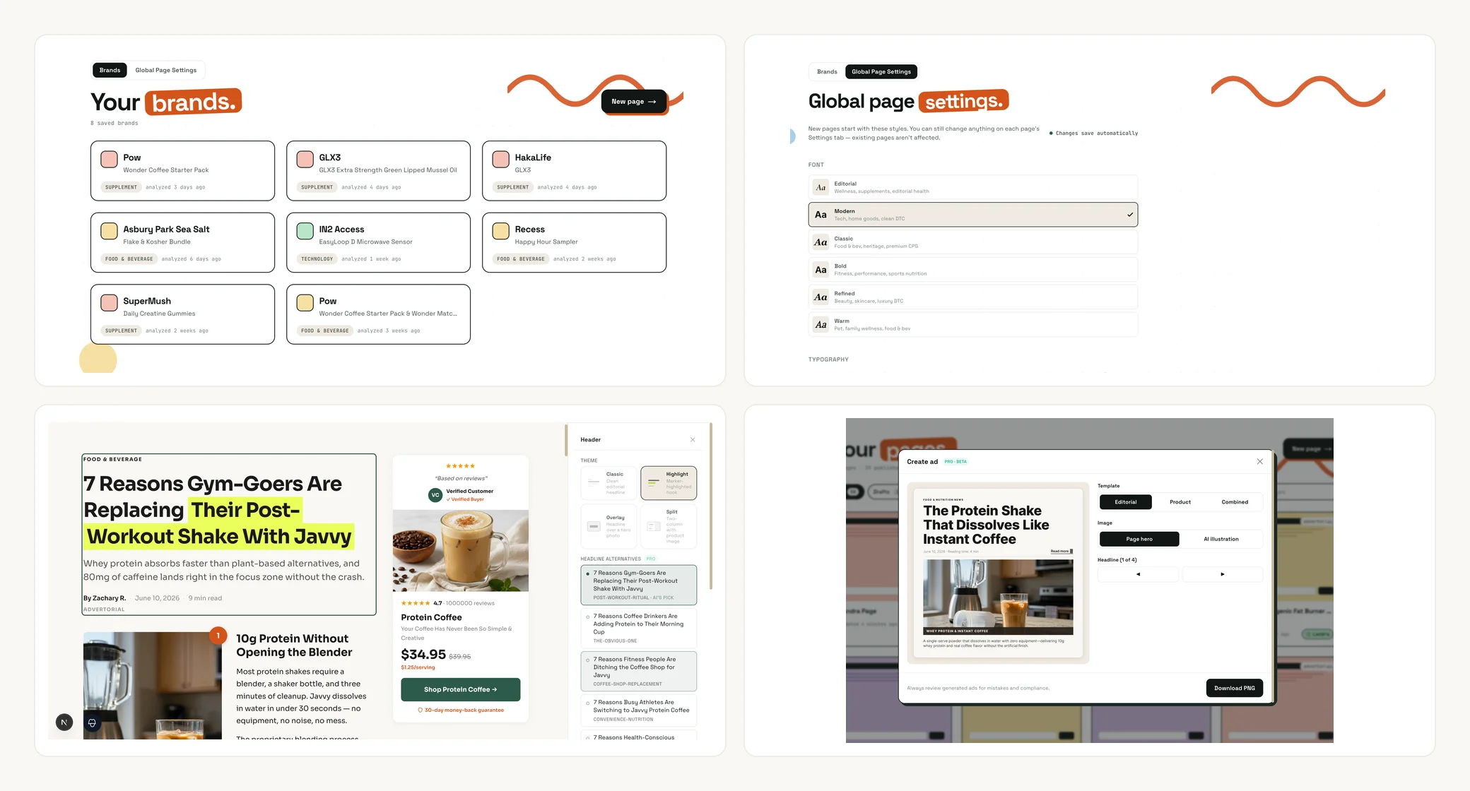 A four-panel montage of new Landra features — the saved-brands page, Global Page Settings, a Highlight-theme header, and the ad-creative generator