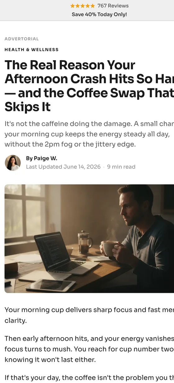 Landra advertorial page on a phone — “The Real Reason Your Afternoon Crash Hits…”