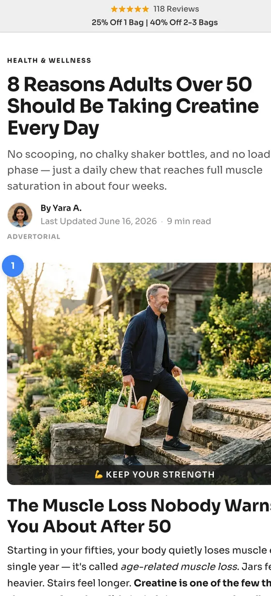 Landra listicle page on a phone — “8 Reasons Adults Over 50 Should Be Taking…”