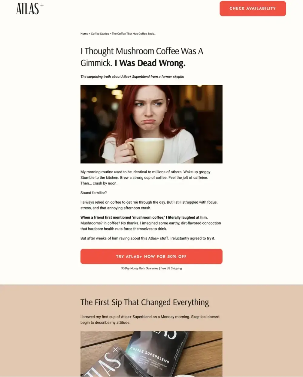 Full-length capture of Atlas Coffee Club's advertorial landing page, captured Jun 2026