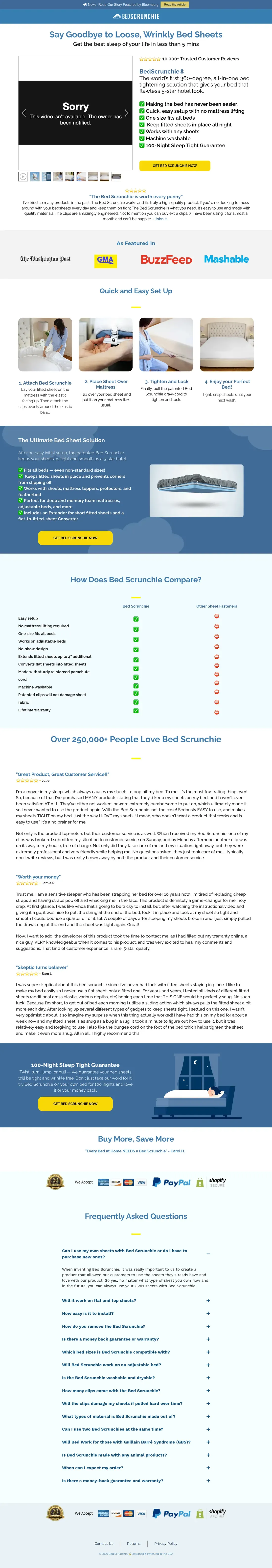 Full-length capture of Bed Scrunchie's offer landing page, captured Aug 2026