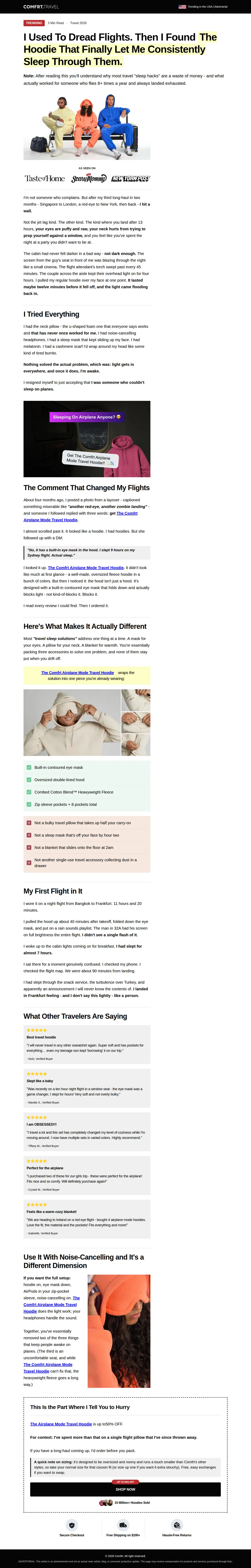 Full-length capture of Comfrt's advertorial landing page, captured Oct 2026
