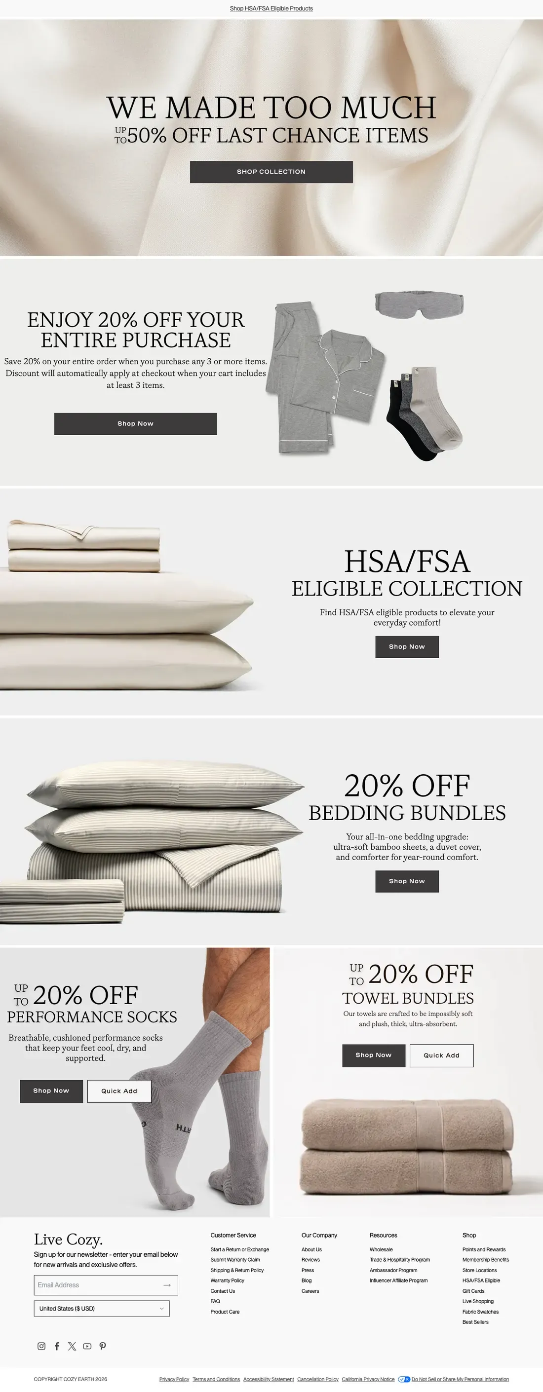 Full-length capture of Cozy Earth's offer landing page, captured Aug 2026