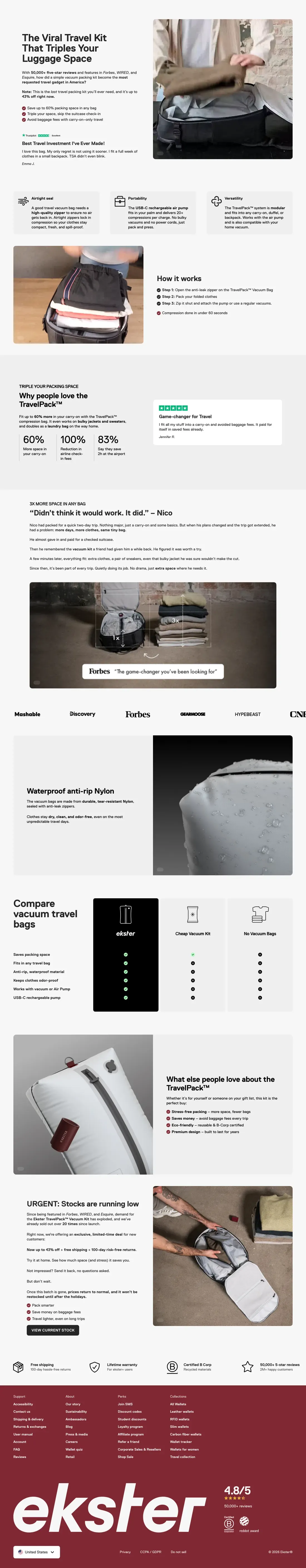 Top of Ekster's landing page