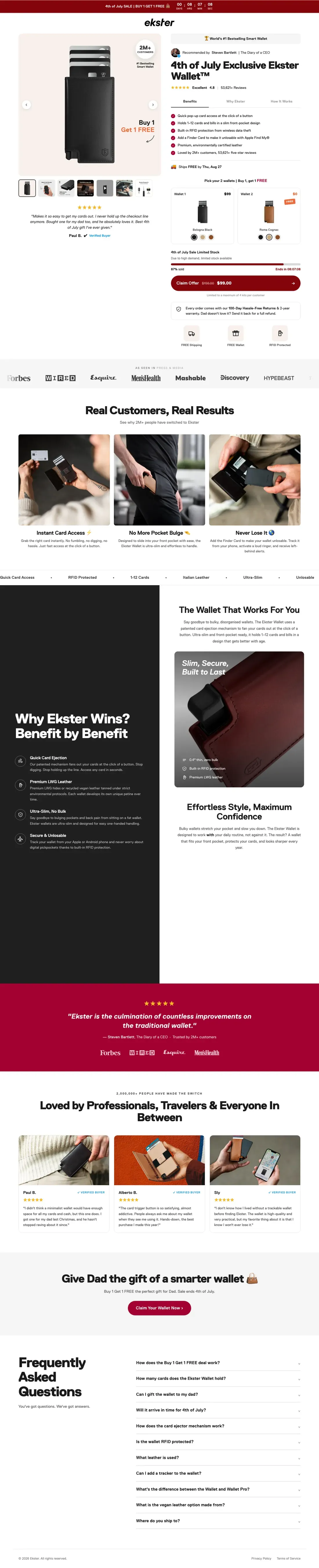 Top of Ekster's landing page