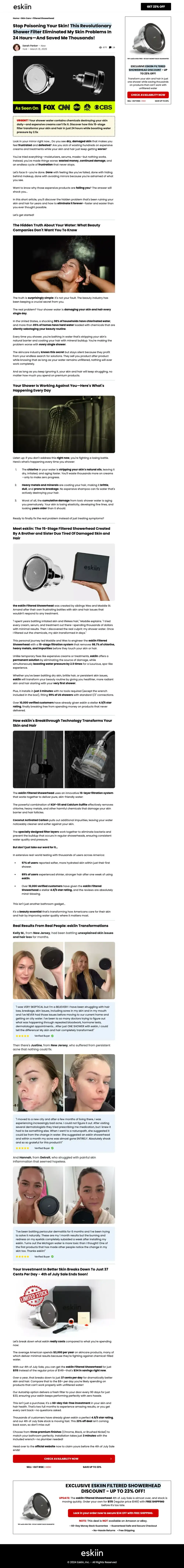 Full-length capture of eskiin's advertorial landing page, captured Jun 2026