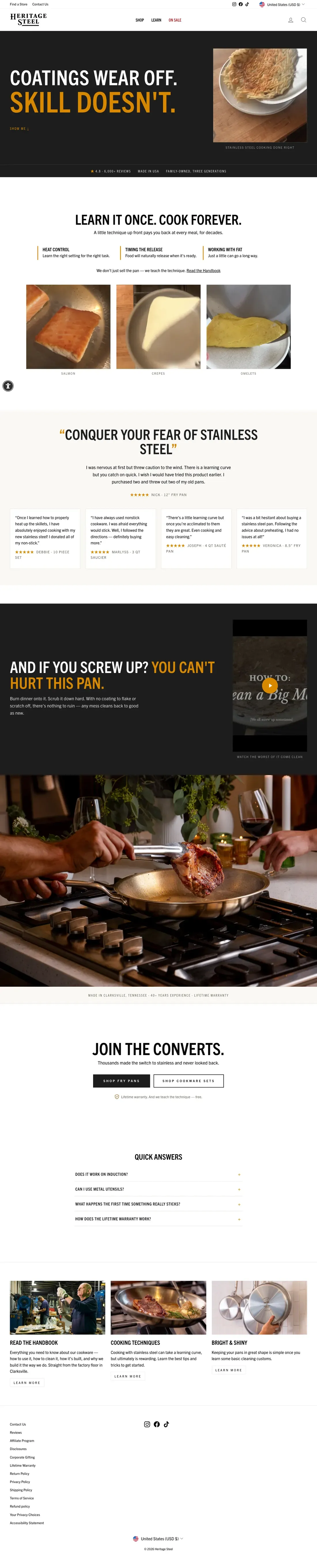 Top of Heritage Steel's landing page