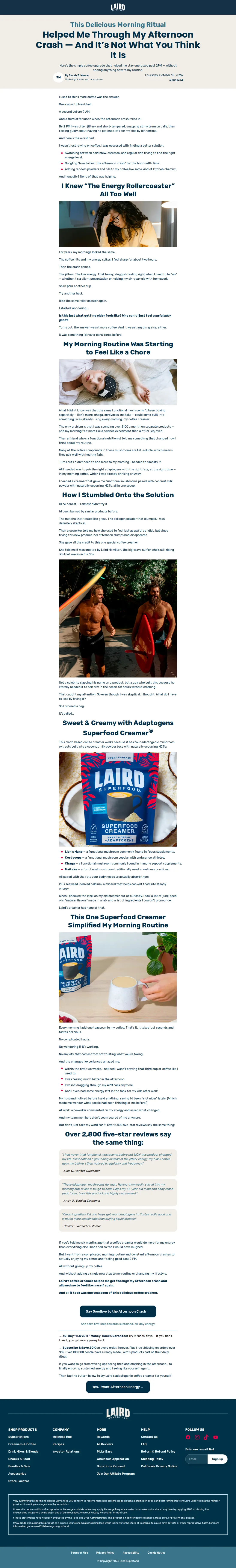 Full-length capture of Laird Superfood's advertorial landing page, captured Oct 2026