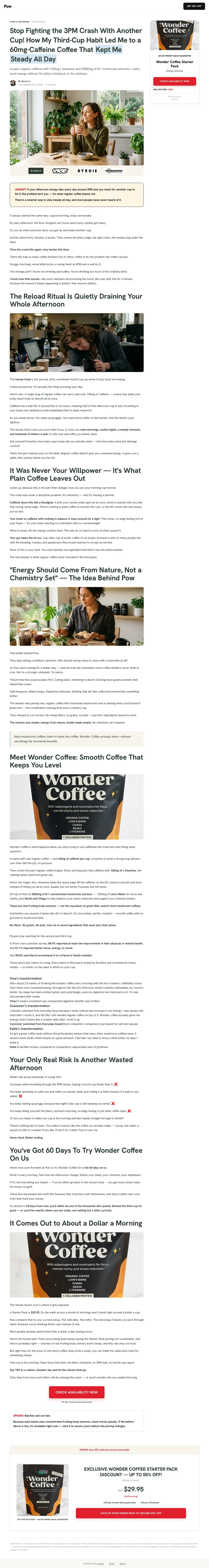 Full-length capture of Wonder Coffee's advertorial landing page, captured Aug 2026
