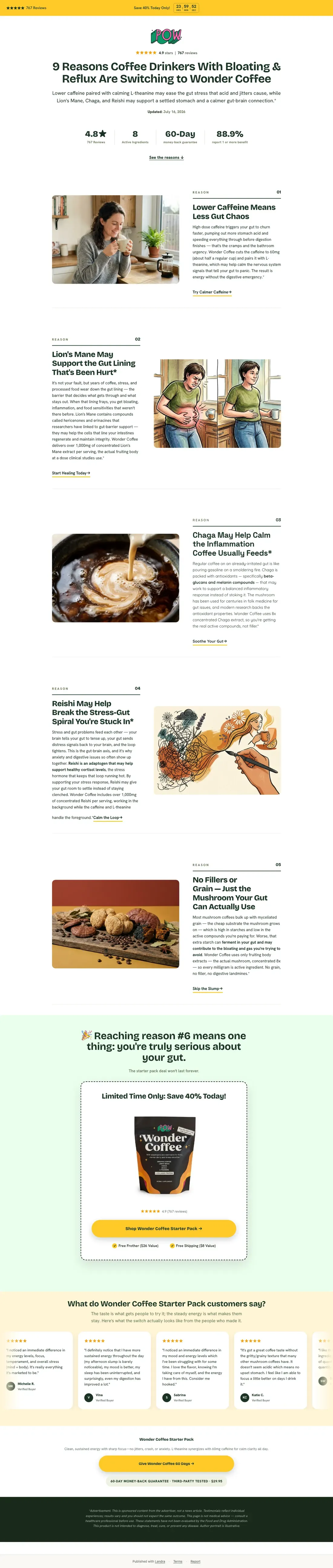 Full-length capture of Wonder Coffee's listicle landing page, captured Aug 2026