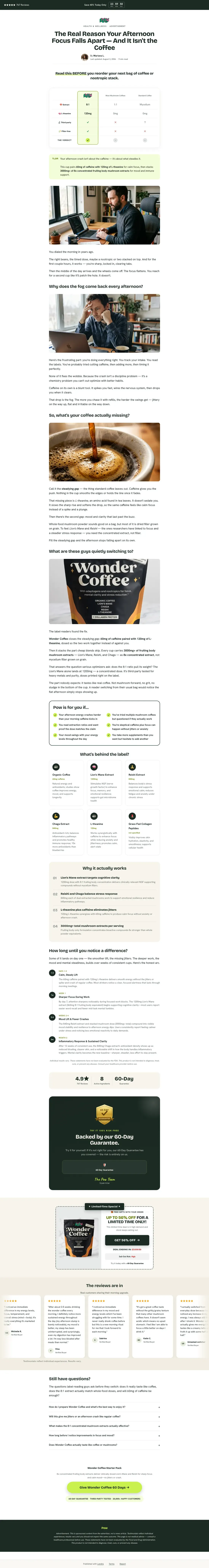 Full-length capture of Pow's advertorial landing page, captured Aug 2026