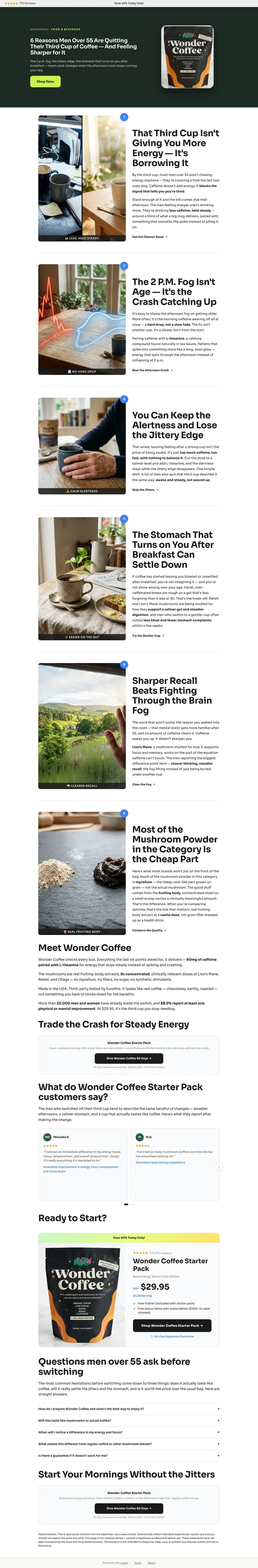 Full-length capture of Wonder Coffee's listicle landing page, captured Aug 2026