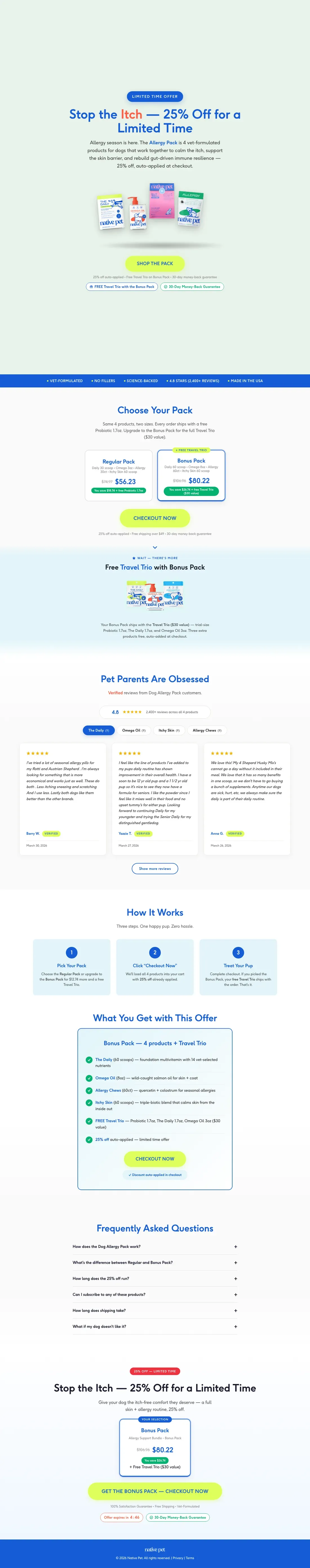 Top of Native Pet's landing page