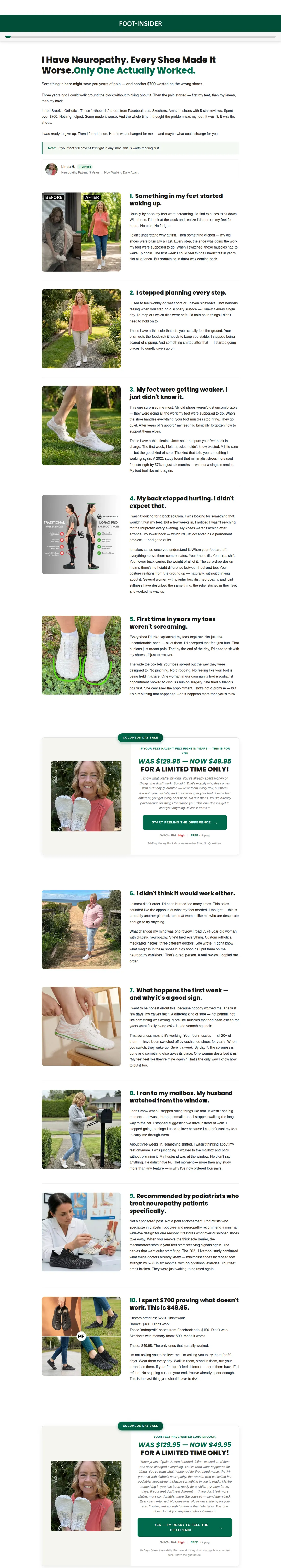 Full-length capture of Peak Footwear's advertorial landing page, captured Oct 2026