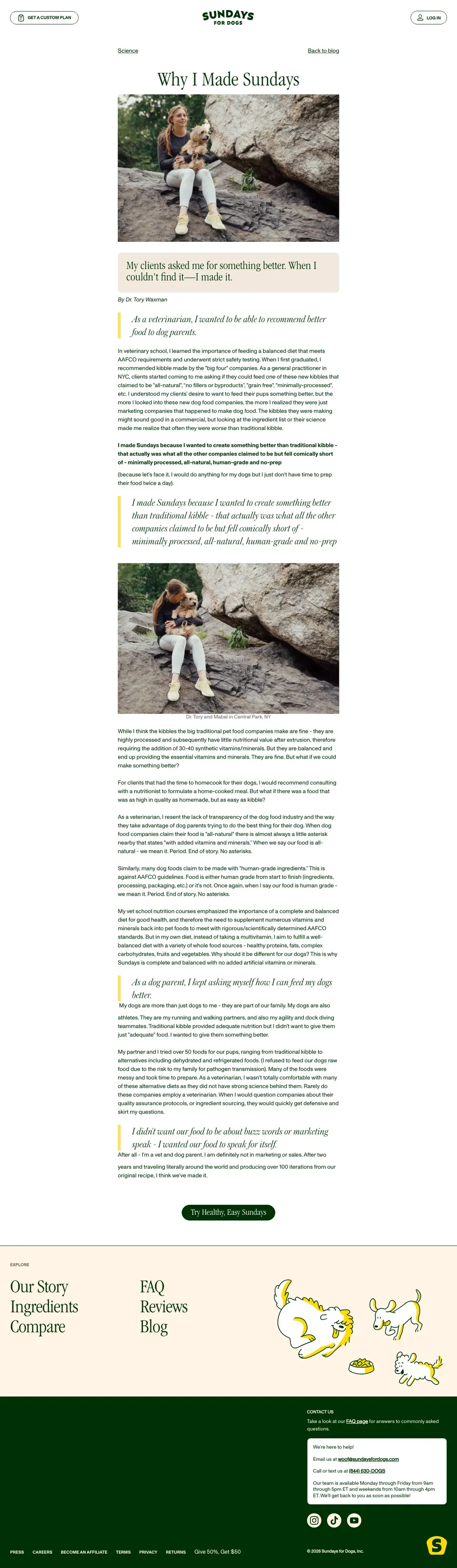 Full-length capture of Sundays for Dogs's advertorial landing page, captured Jun 2026