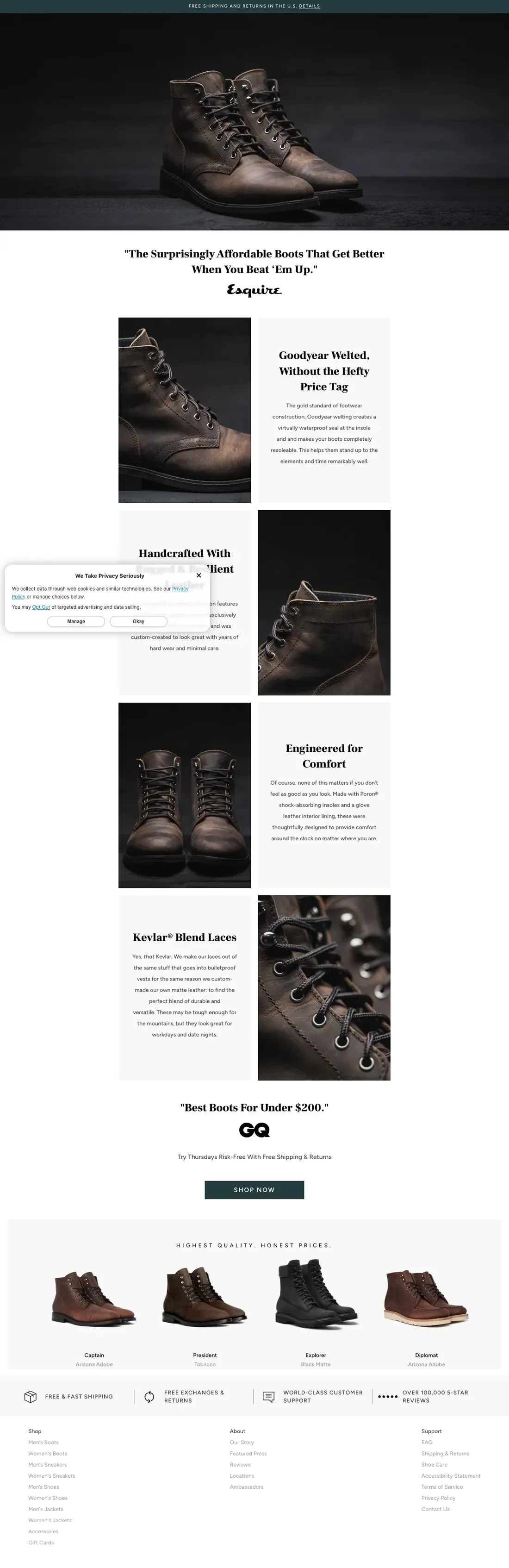 Top of Thursday Boot Company's landing page