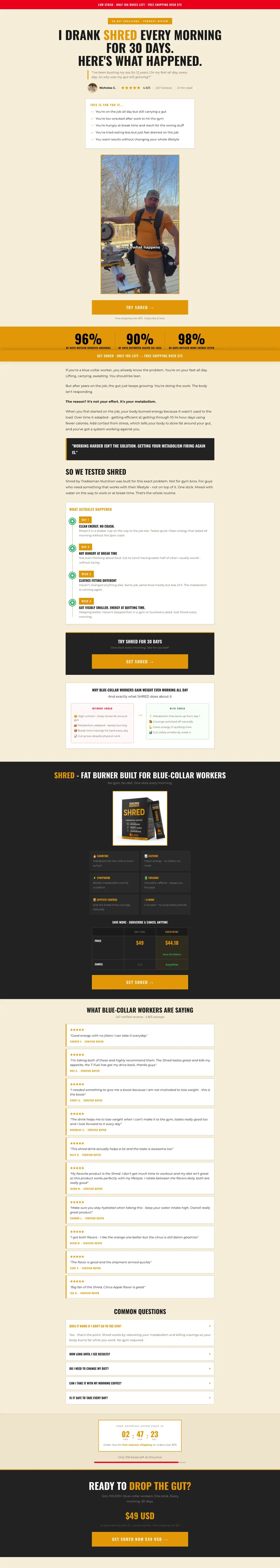 Full-length capture of Tradesman Nutrition's advertorial landing page, captured Jun 2026